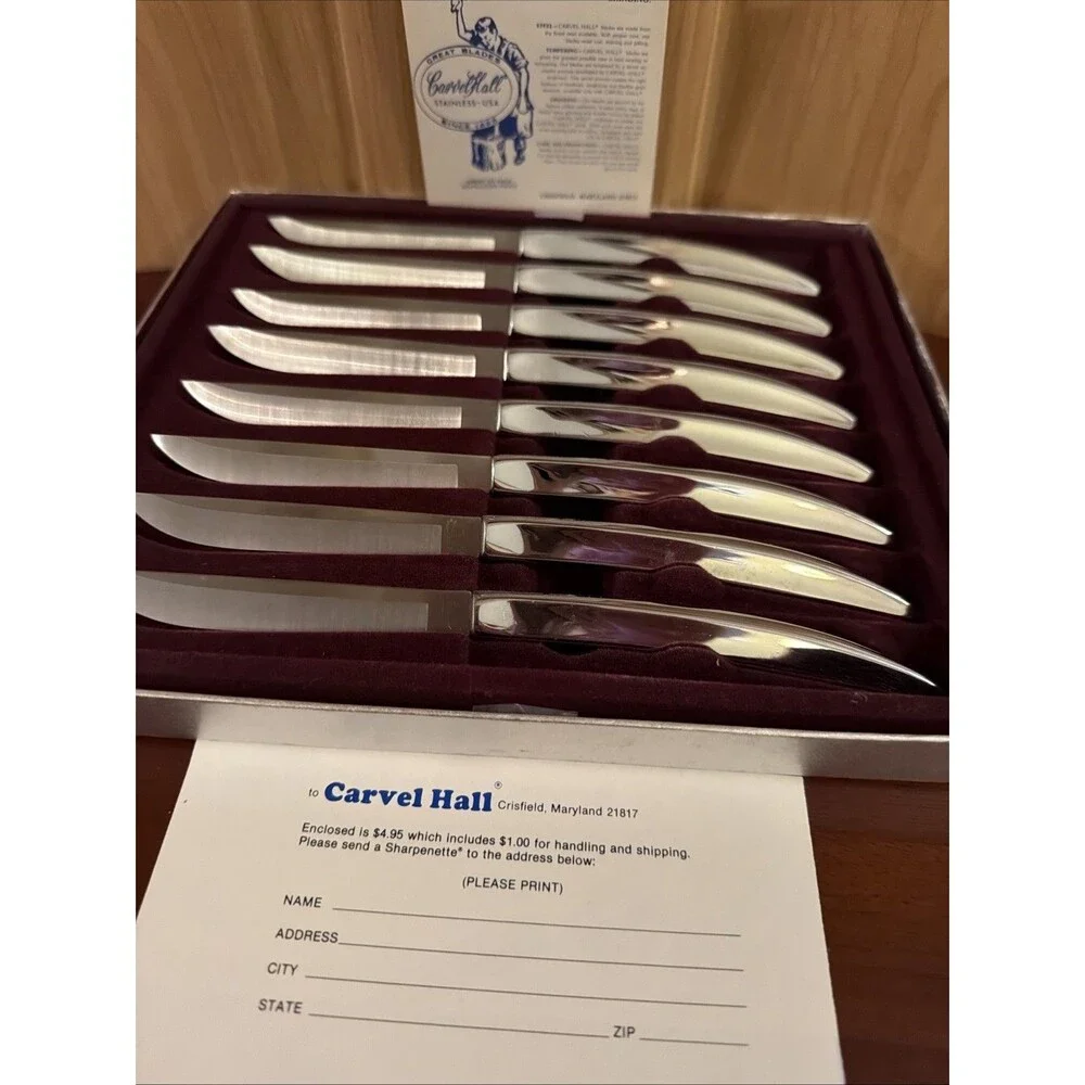 Carvel Hall Stainless Steel Steak Knives Vintage Set/8 In Box Made in USA.  EUC!